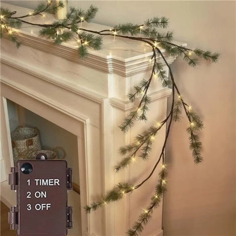 Lighted Christmas Pine Garland Battery Operated with Timer 6FT 48 Warm